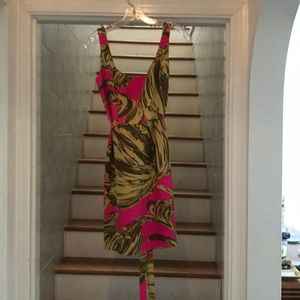 Milly pink and tan leaf print dress